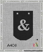A taped needlepoint canvas with the design: Banner 13 mesh count Curved Ampersand White on Black.