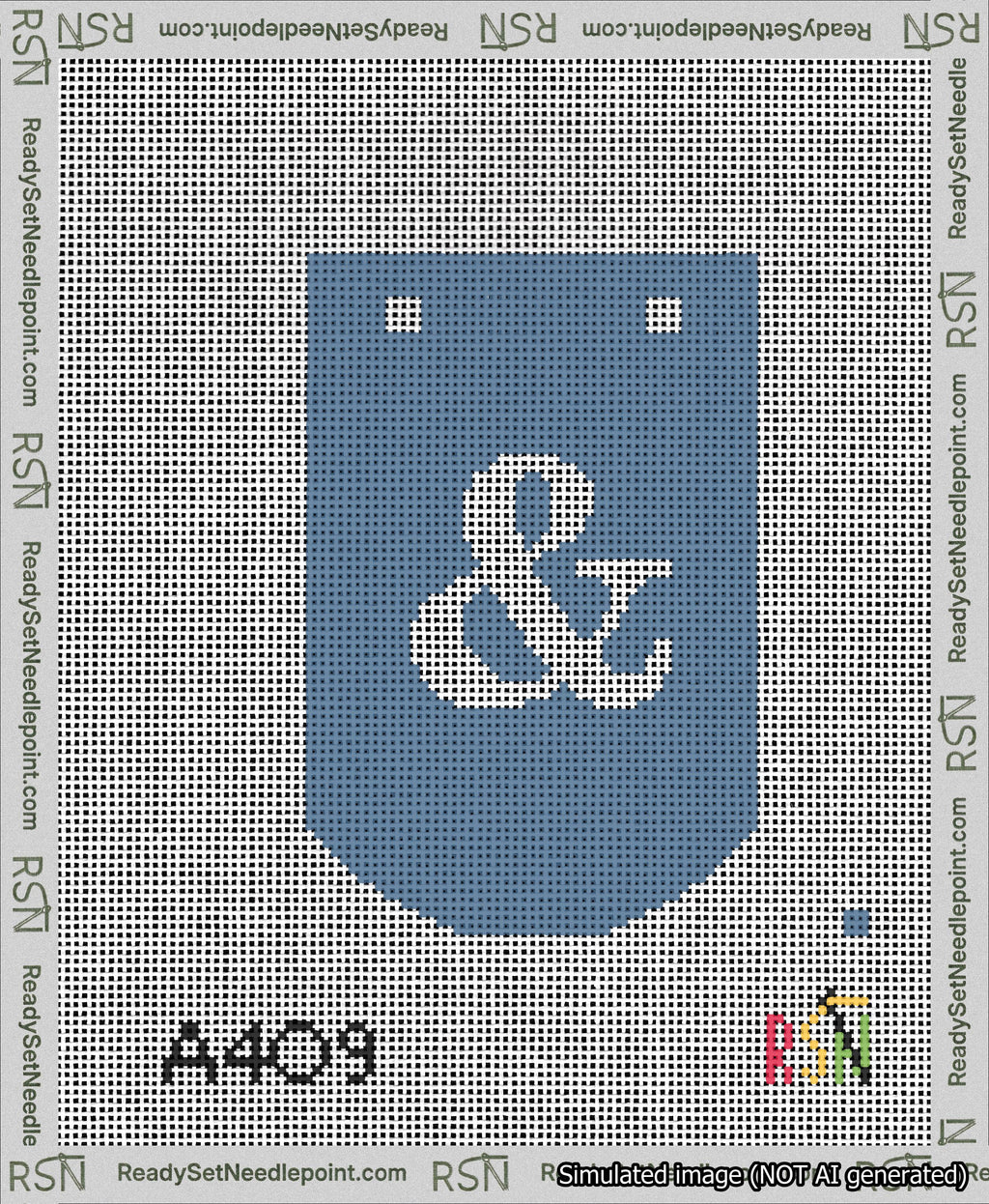 A taped needlepoint canvas with the design: Banner 13 mesh count Curved Ampersand White on Blue.