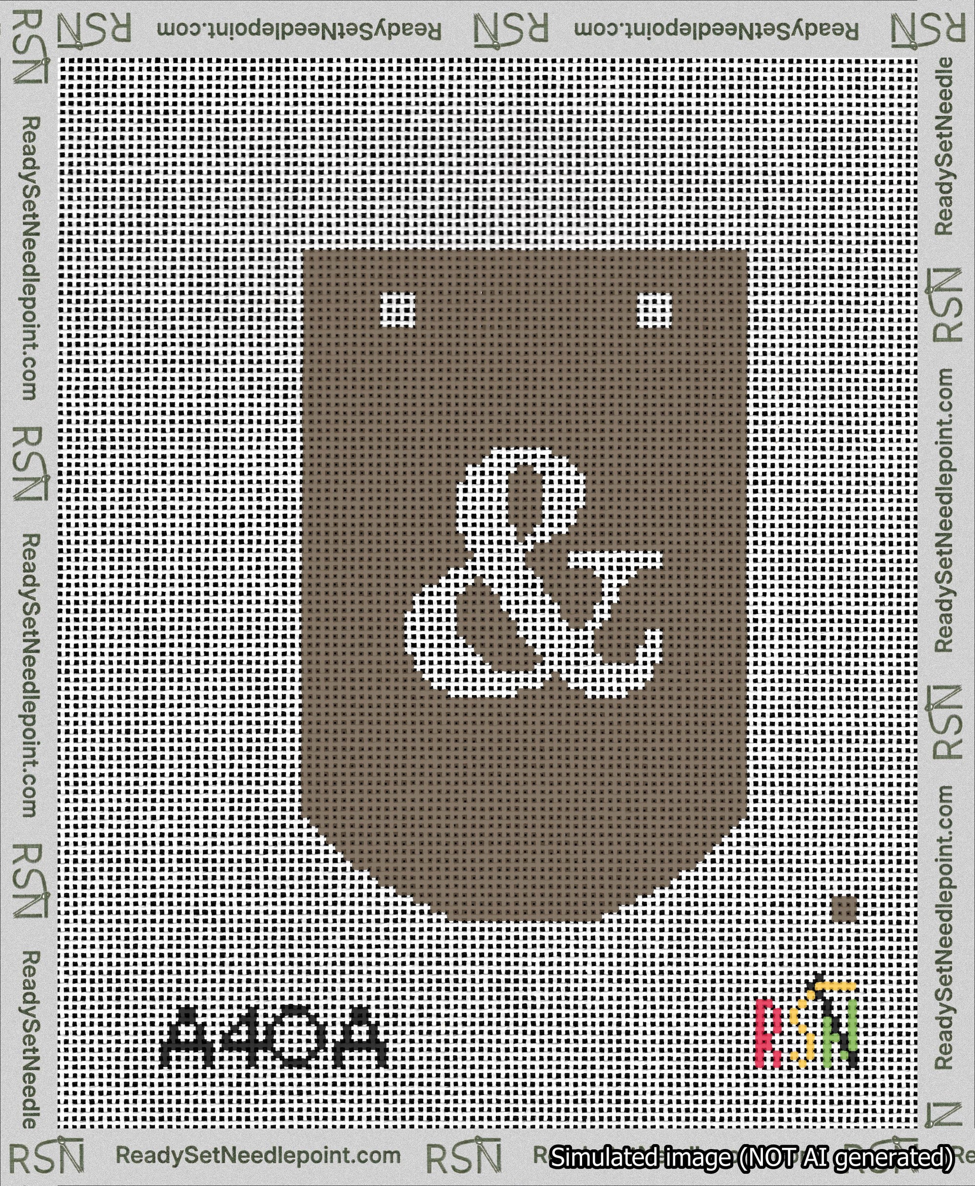 A taped needlepoint canvas with the design: Banner 13 mesh count Curved Ampersand White on Brown.