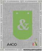 A taped needlepoint canvas with the design: Banner 13 mesh count Curved Ampersand White on Light Green.
