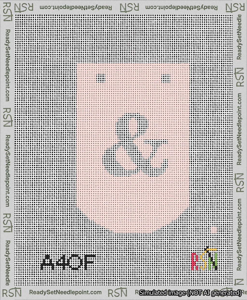 A taped needlepoint canvas with the design: Banner 13 mesh count Curved Ampersand White on Pink.