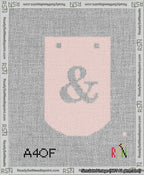 A taped needlepoint canvas with the design: Banner 13 mesh count Curved Ampersand White on Pink.