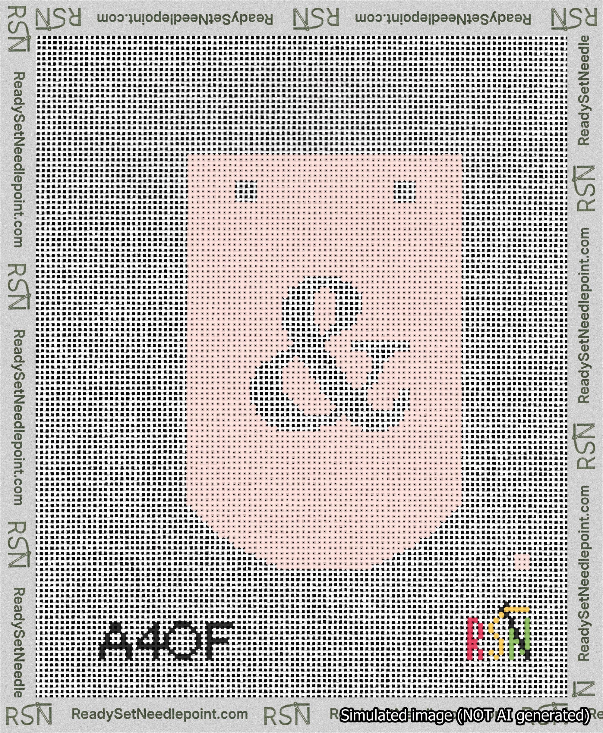 A taped needlepoint canvas with the design: Banner 13 mesh count Curved Ampersand White on Pink.