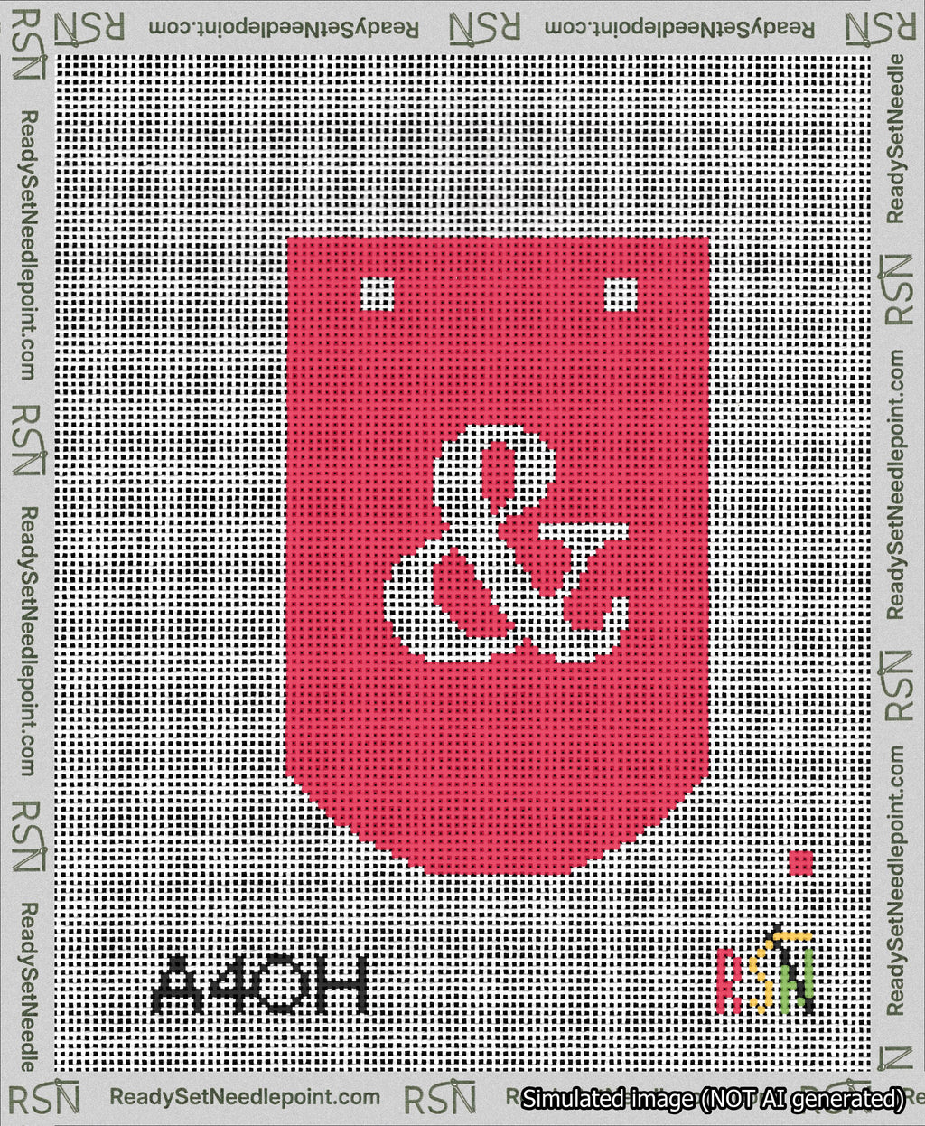 A taped needlepoint canvas with the design: Banner 13 mesh count Curved Ampersand White on Red.
