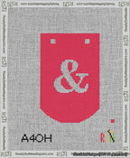 A taped needlepoint canvas with the design: Banner 13 mesh count Curved Ampersand White on Red.