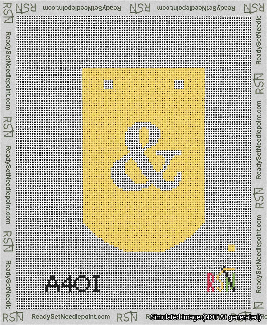 A taped needlepoint canvas with the design: Banner 13 mesh count Curved Ampersand White on Yellow.