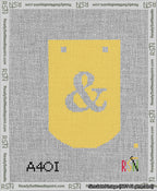 A taped needlepoint canvas with the design: Banner 13 mesh count Curved Ampersand White on Yellow.