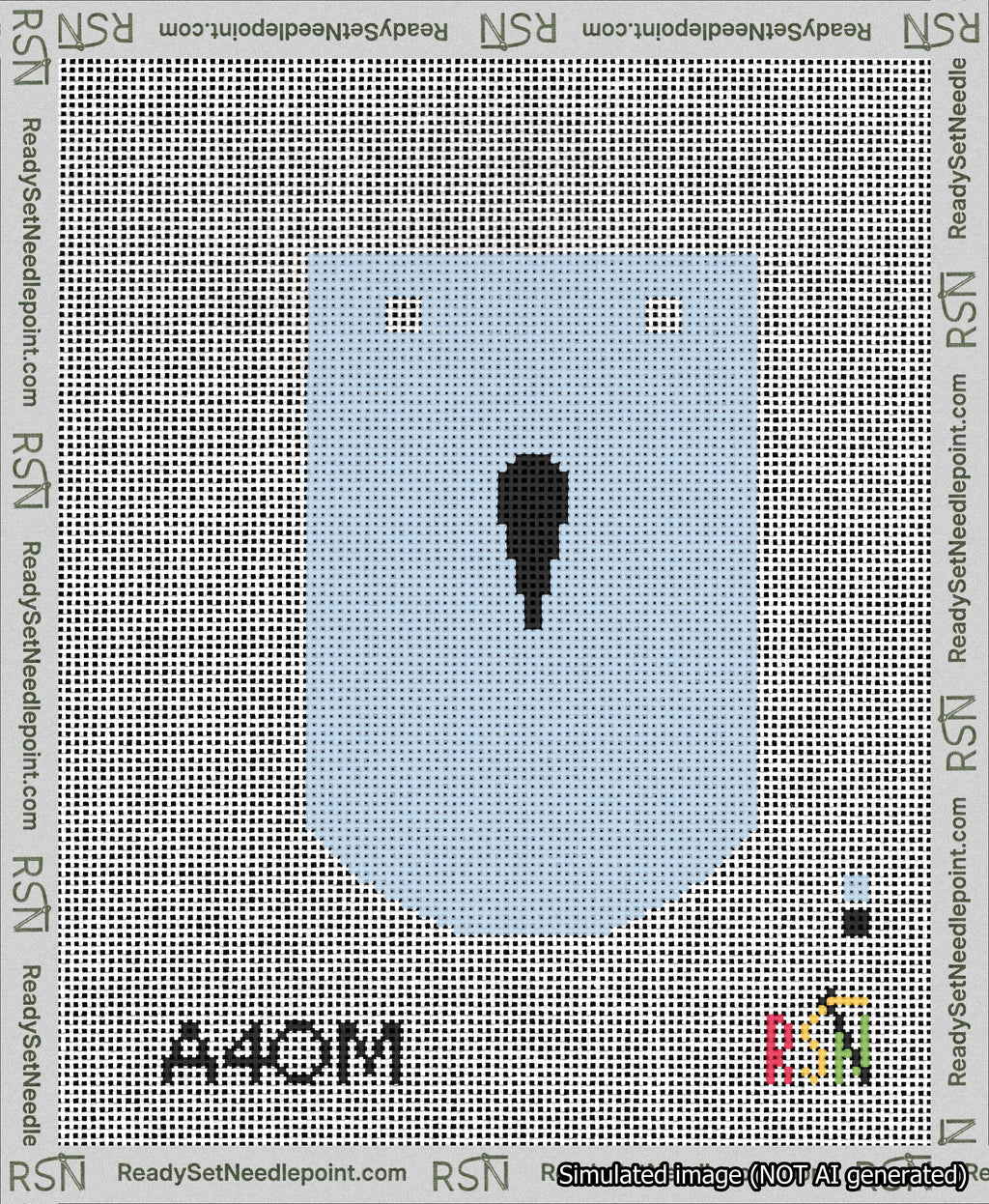 A taped needlepoint canvas with the design: Banner 13 mesh count Curved Apostrophe Black on Light Blue.