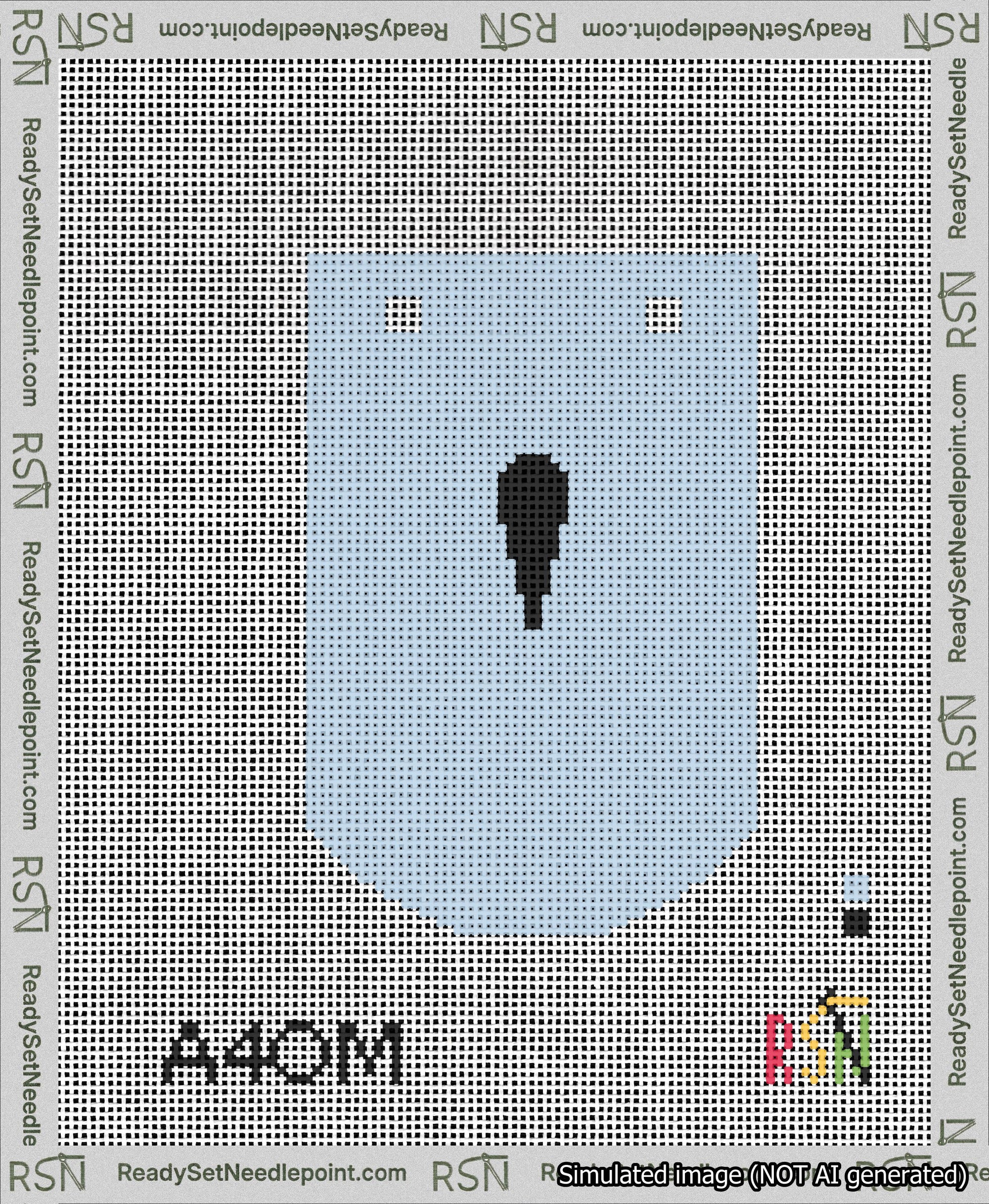 A taped needlepoint canvas with the design: Banner 13 mesh count Curved Apostrophe Black on Light Blue.