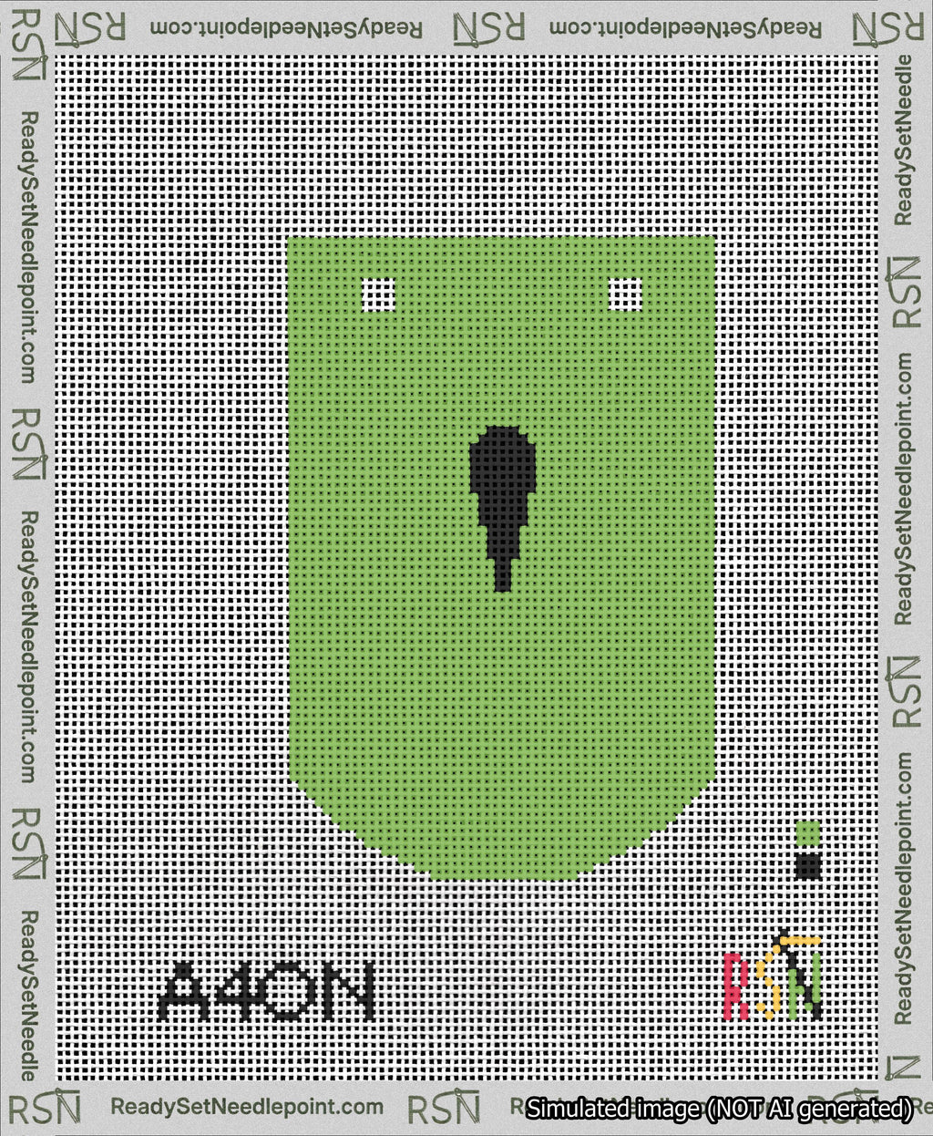 A taped needlepoint canvas with the design: Banner 13 mesh count Curved Apostrophe Black on Light Green.