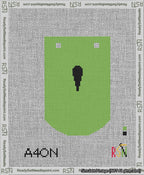 A taped needlepoint canvas with the design: Banner 13 mesh count Curved Apostrophe Black on Light Green.