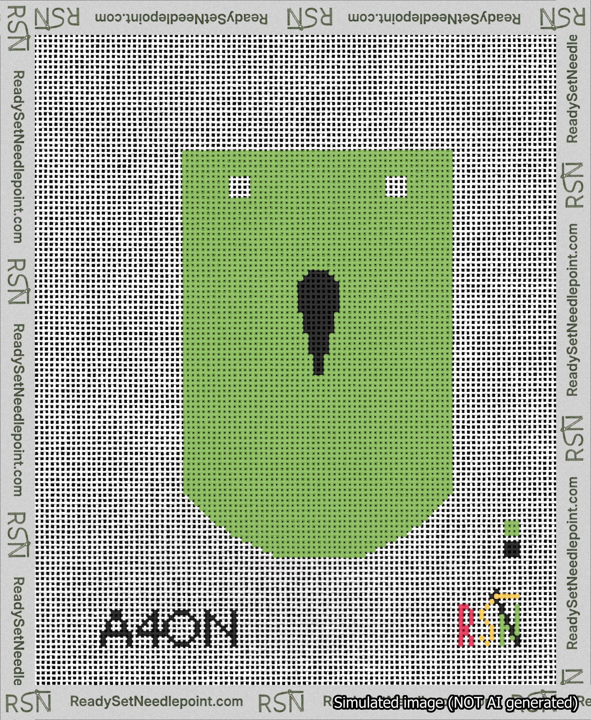 A taped needlepoint canvas with the design: Banner 13 mesh count Curved Apostrophe Black on Light Green.