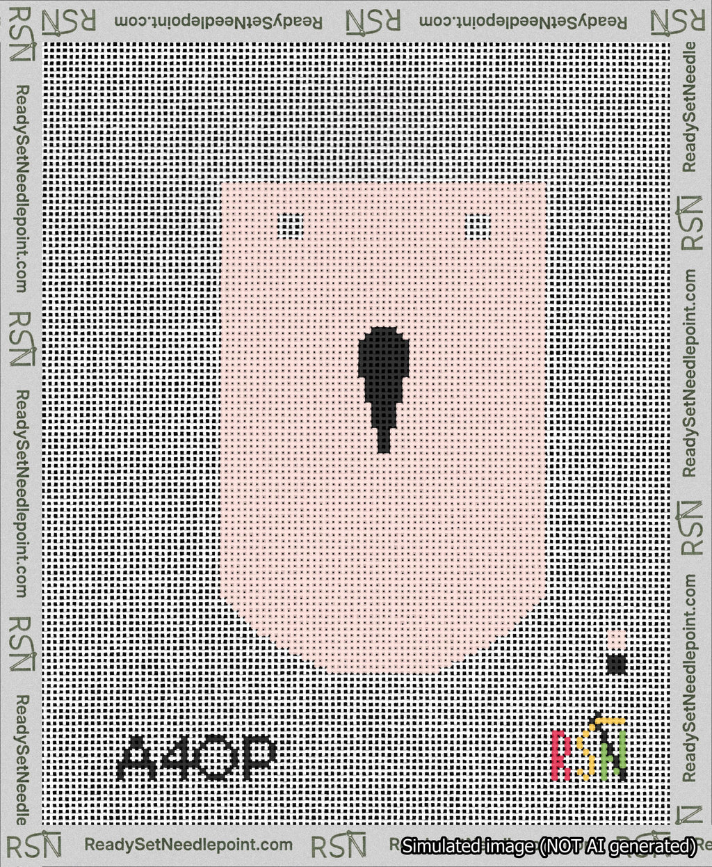 A taped needlepoint canvas with the design: Banner 13 mesh count Curved Apostrophe Black on Pink.