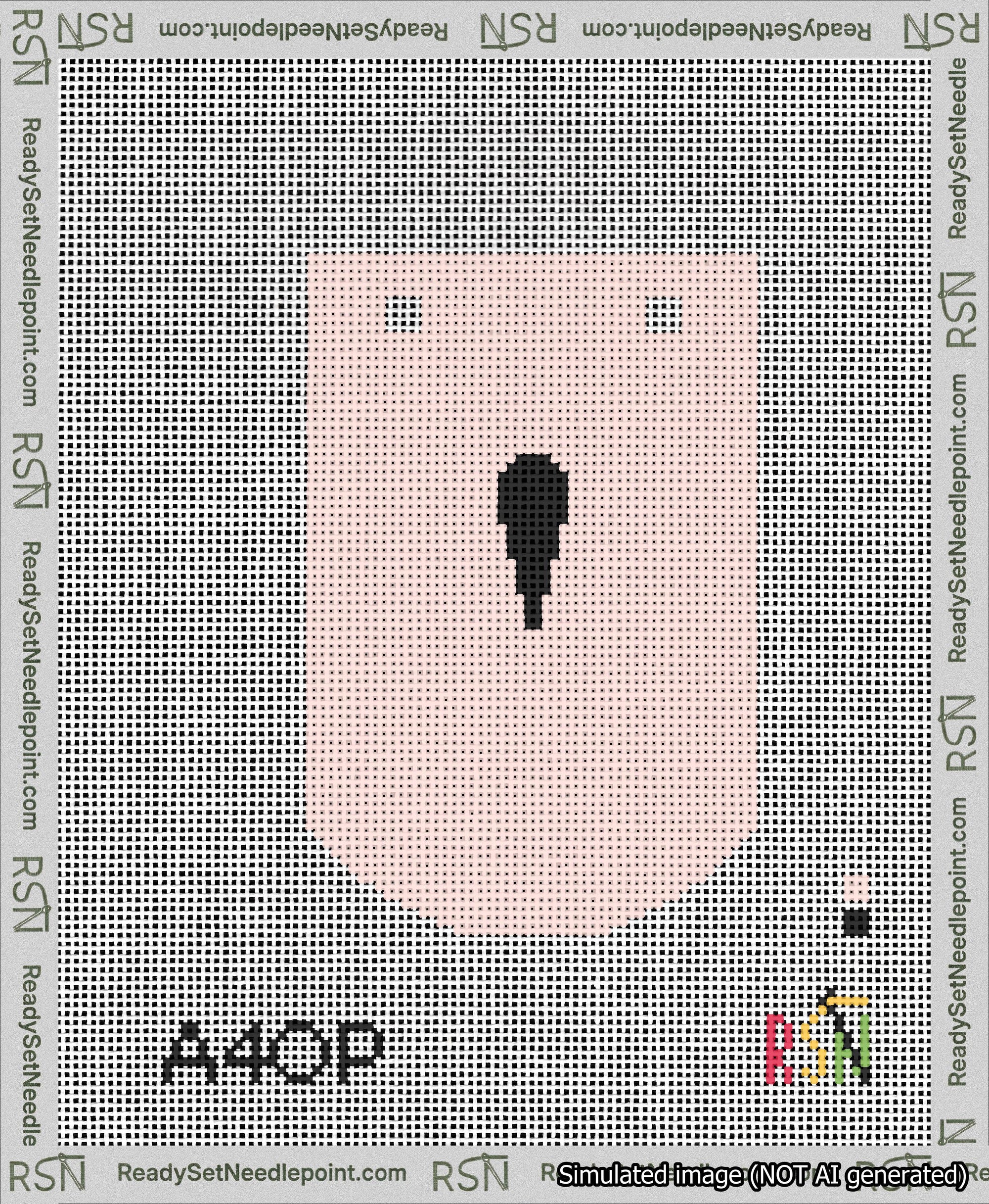 A taped needlepoint canvas with the design: Banner 13 mesh count Curved Apostrophe Black on Pink.