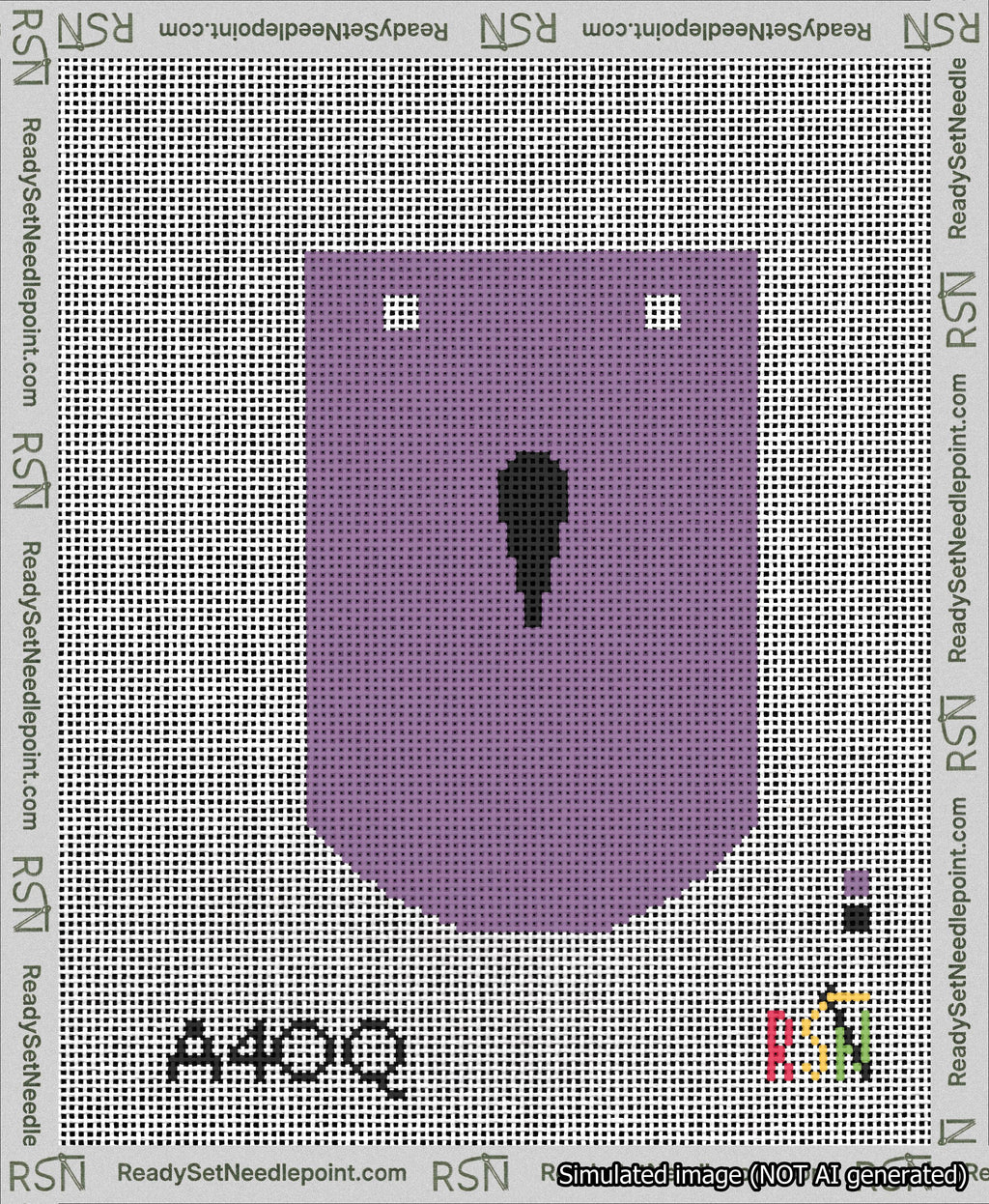 A taped needlepoint canvas with the design: Banner 13 mesh count Curved Apostrophe Black on Purple.