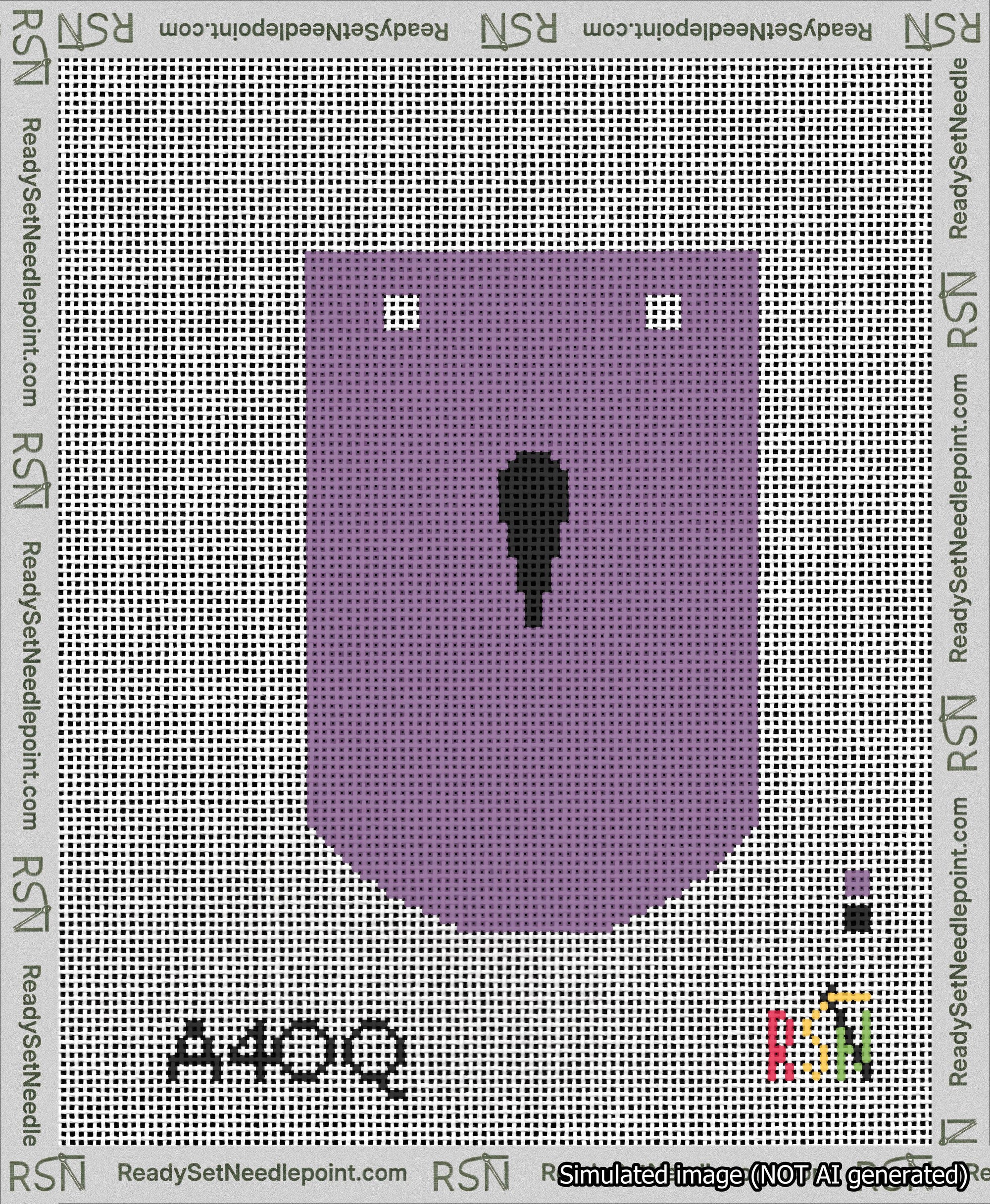 A taped needlepoint canvas with the design: Banner 13 mesh count Curved Apostrophe Black on Purple.