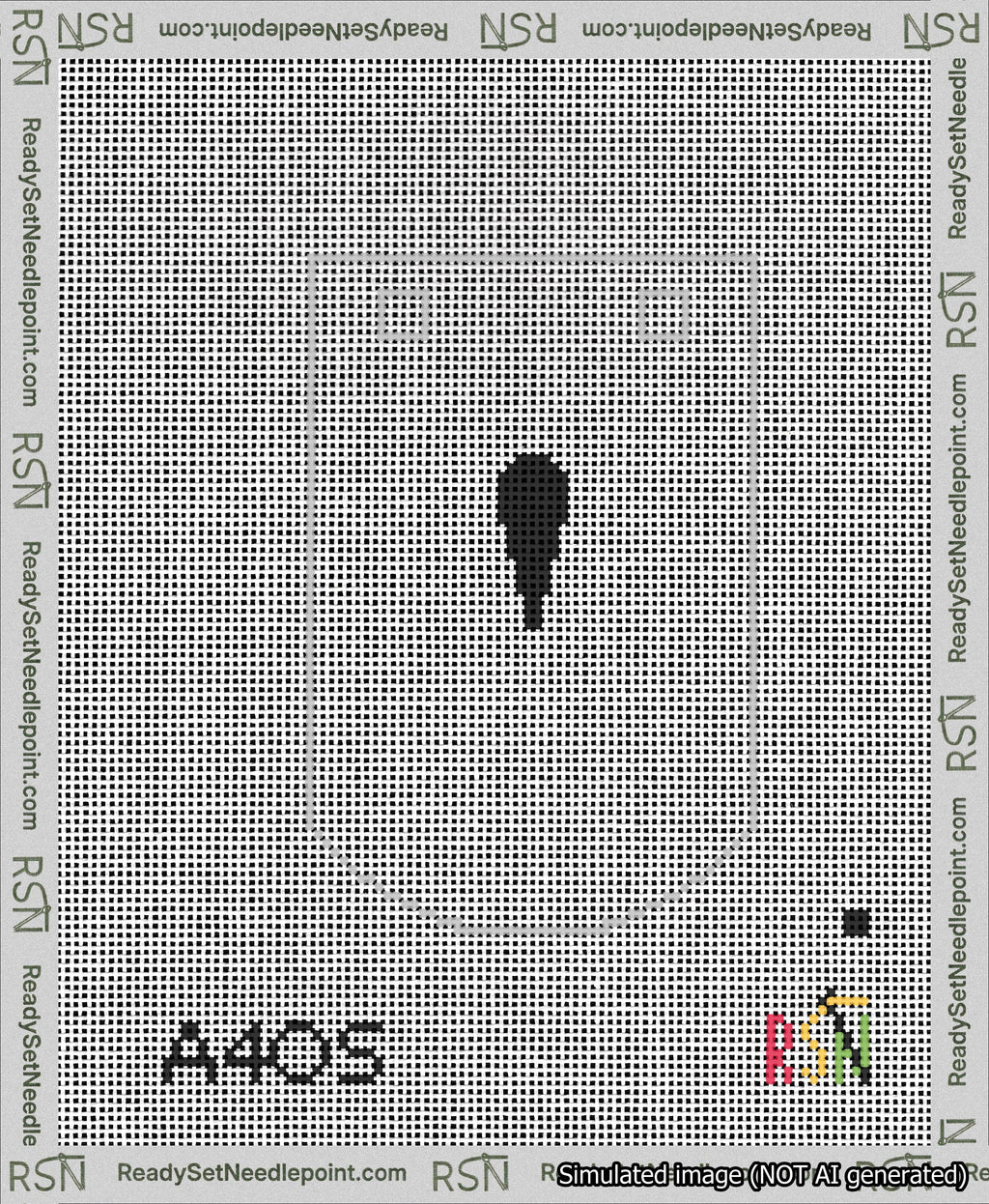 A taped needlepoint canvas with the design: Banner 13 mesh count Curved Apostrophe Black on White.