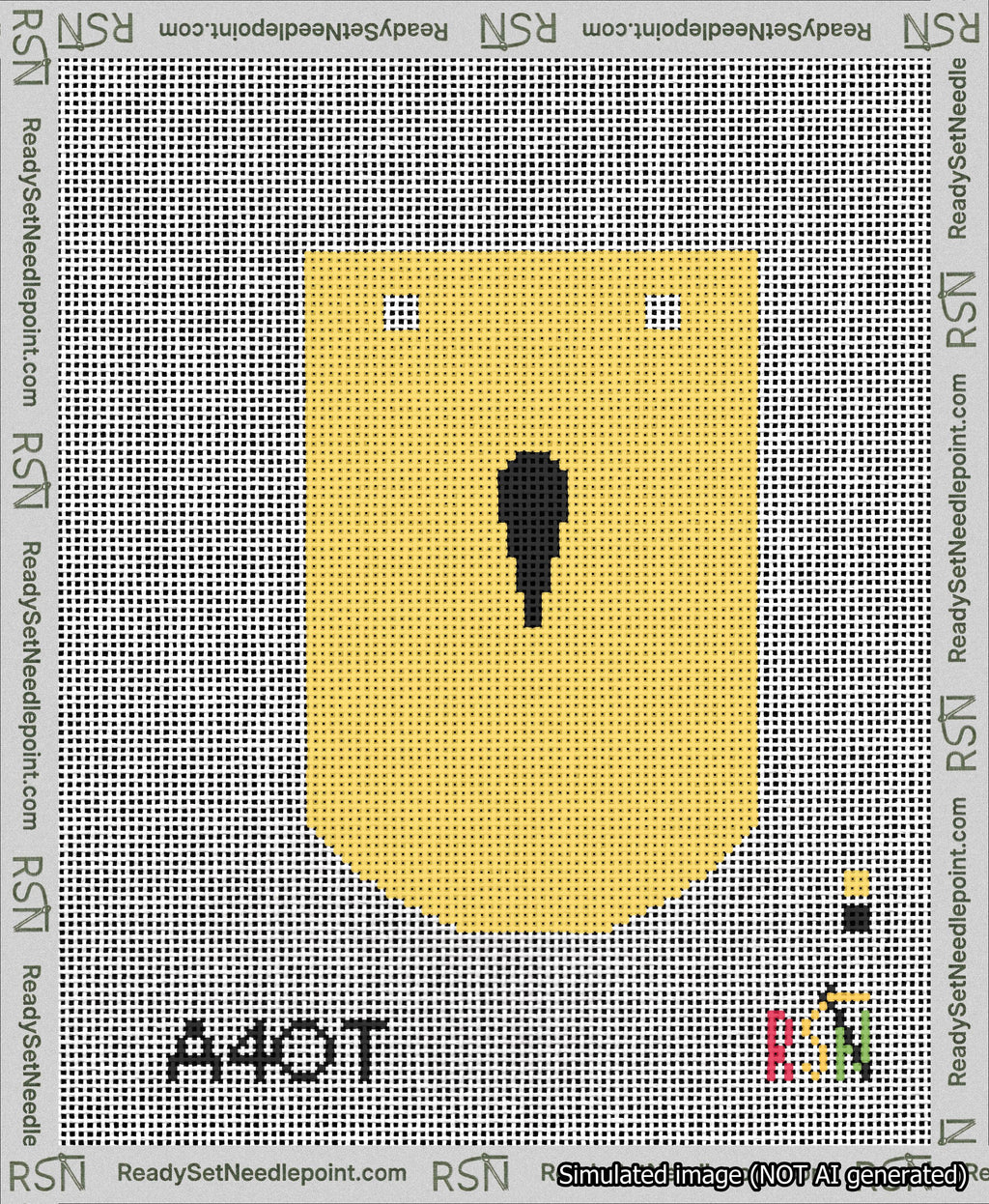 A taped needlepoint canvas with the design: Banner 13 mesh count Curved Apostrophe Black on Yellow.