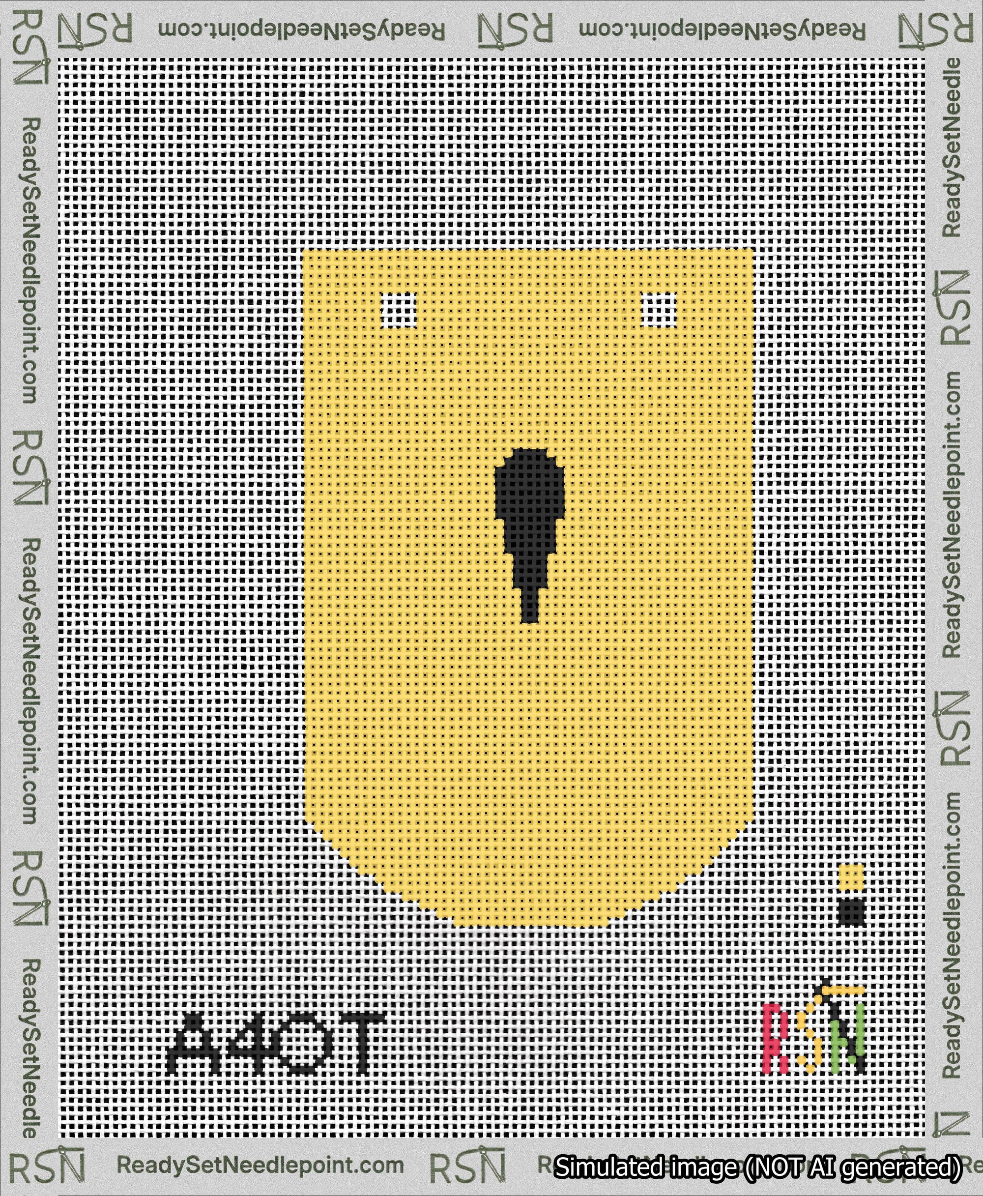 A taped needlepoint canvas with the design: Banner 13 mesh count Curved Apostrophe Black on Yellow.