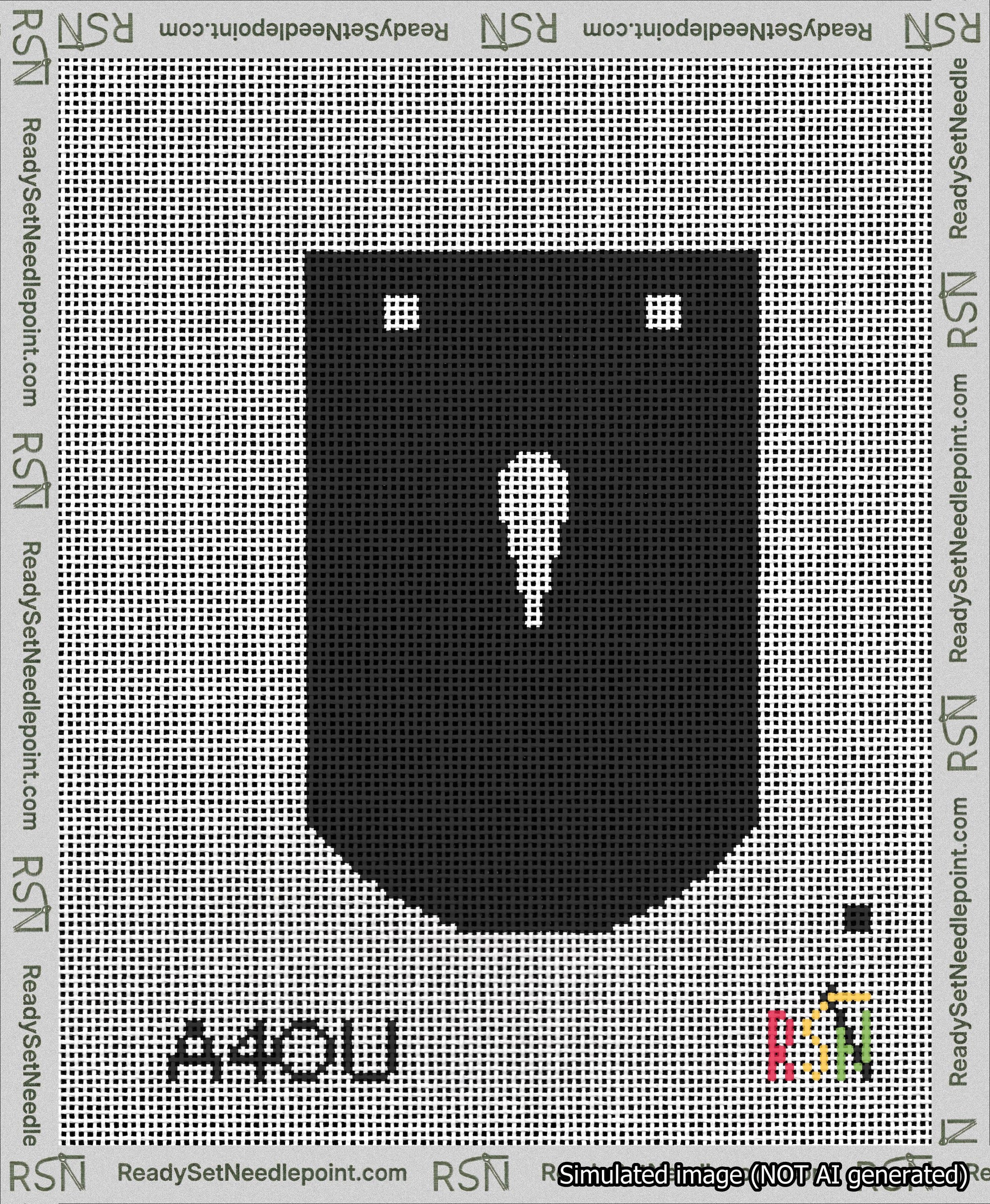 A taped needlepoint canvas with the design: Banner 13 mesh count Curved Apostrophe White on Black.