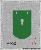 A taped needlepoint canvas with the design: Banner 13 mesh count Curved Apostrophe White on Green.