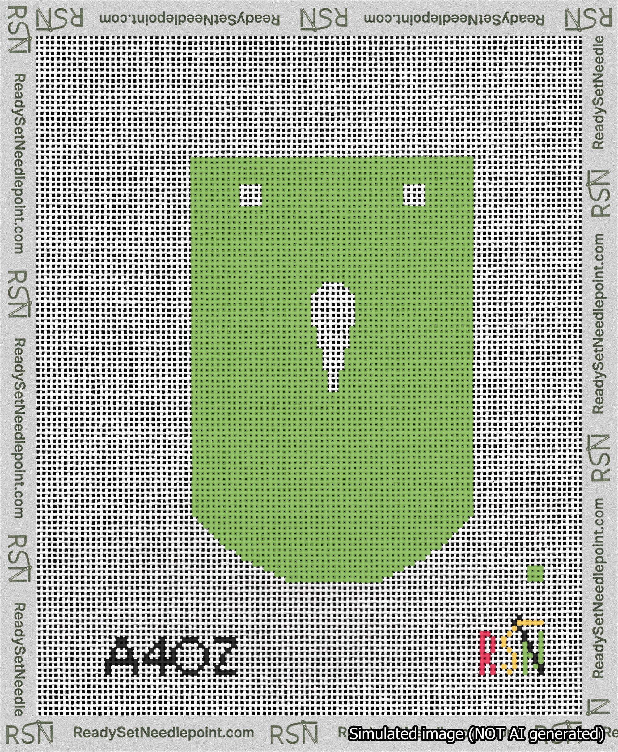 A taped needlepoint canvas with the design: Banner 13 mesh count Curved Apostrophe White on Light Green.