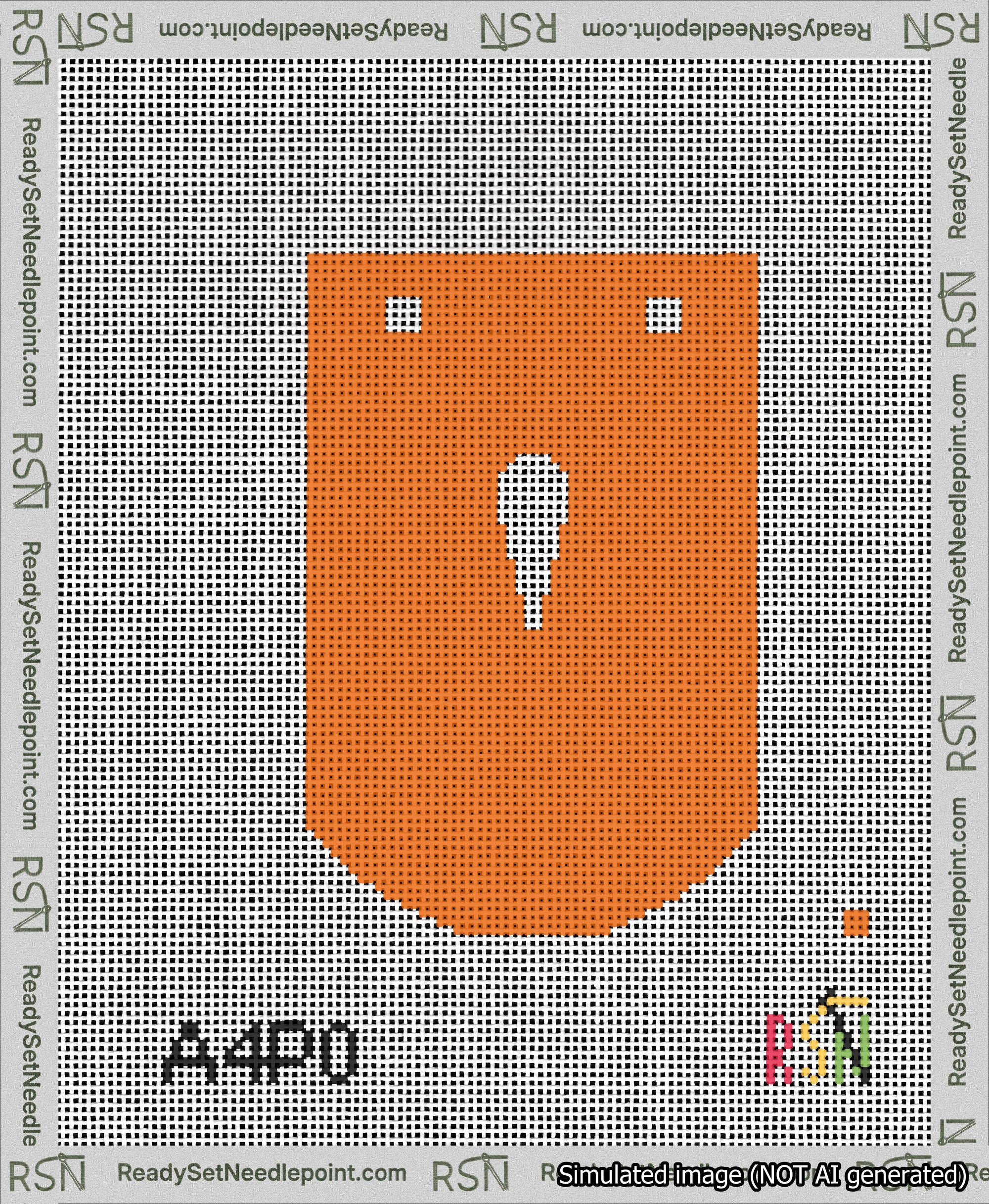 A taped needlepoint canvas with the design: Banner 13 mesh count Curved Apostrophe White on Orange.