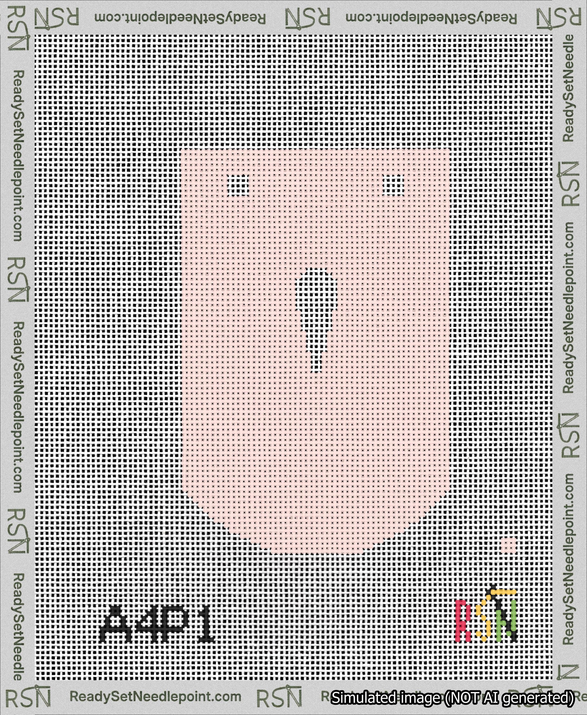 A taped needlepoint canvas with the design: Banner 13 mesh count Curved Apostrophe White on Pink.