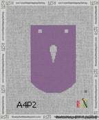 A taped needlepoint canvas with the design: Banner 13 mesh count Curved Apostrophe White on Purple.