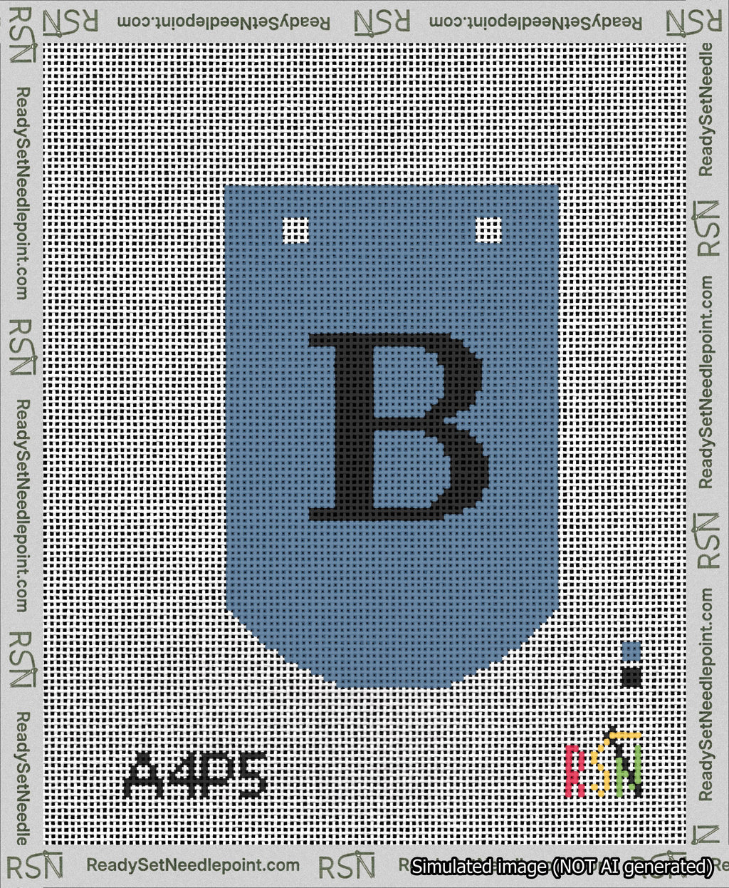 A taped needlepoint canvas with the design: Banner 13 mesh count Curved B Black on Blue.