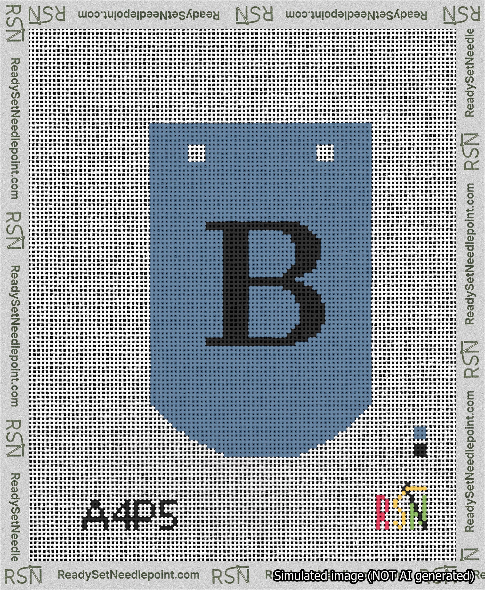 A taped needlepoint canvas with the design: Banner 13 mesh count Curved B Black on Blue.