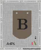 A taped needlepoint canvas with the design: Banner 13 mesh count Curved B Black on Brown.