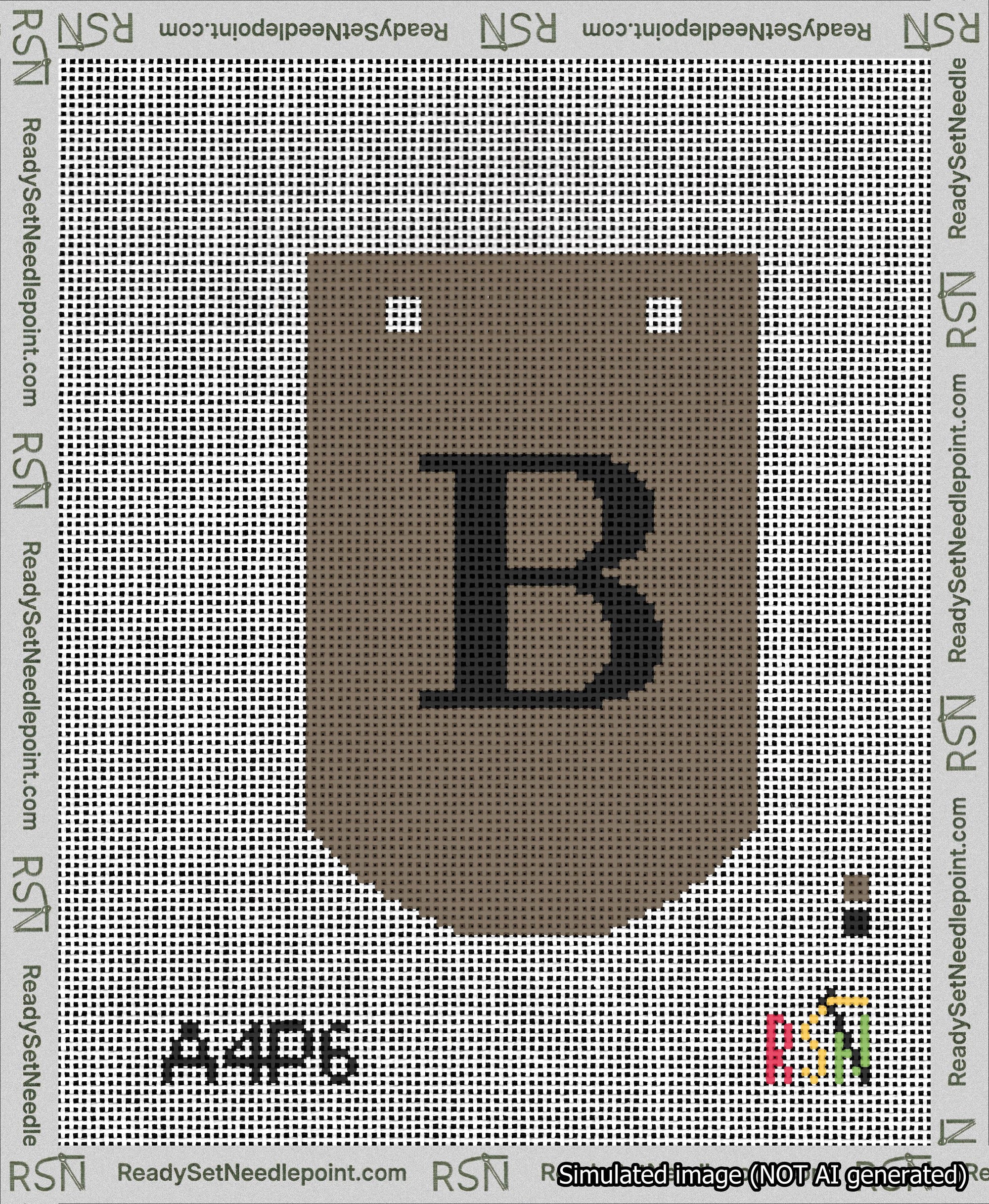A taped needlepoint canvas with the design: Banner 13 mesh count Curved B Black on Brown.
