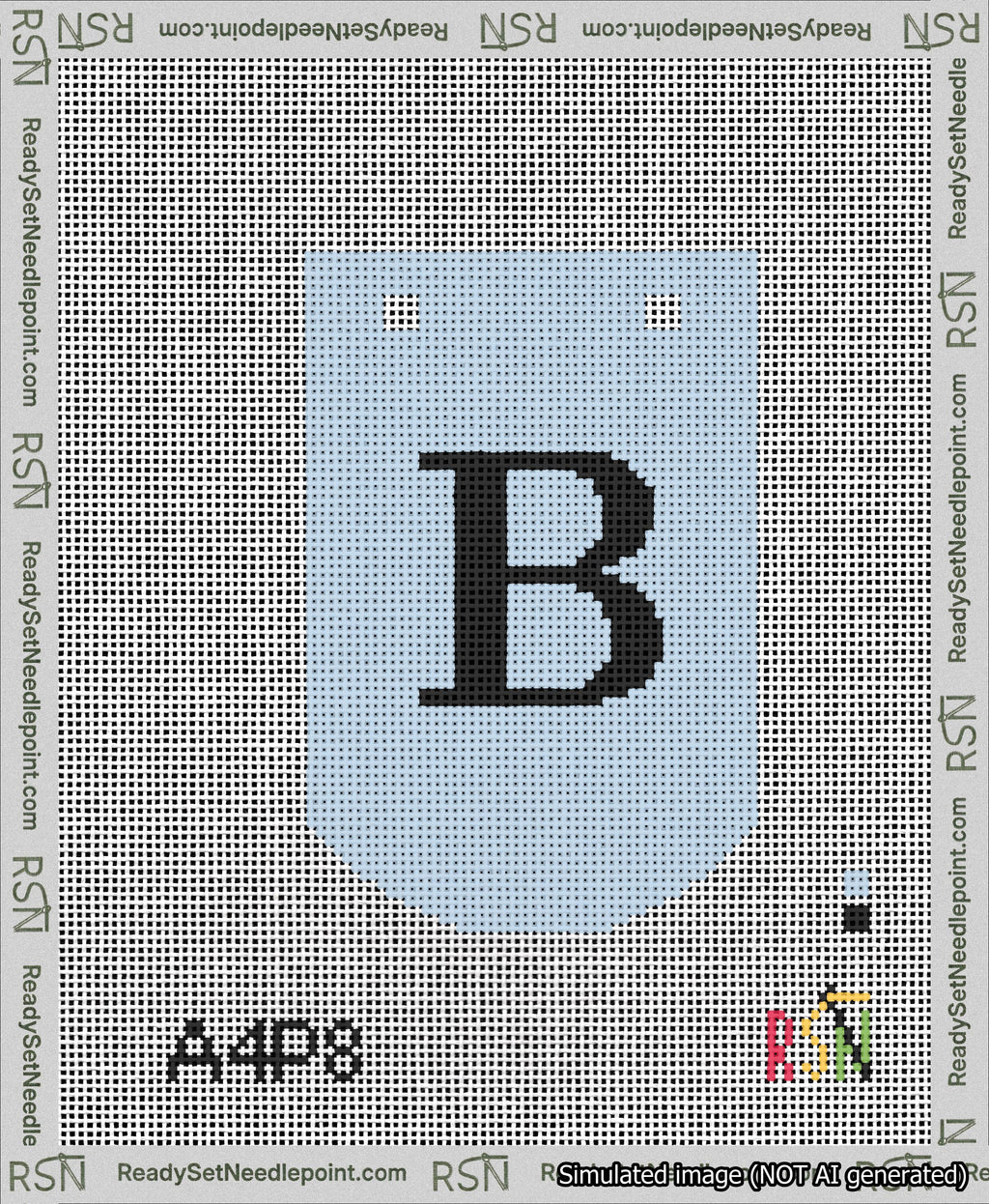 A taped needlepoint canvas with the design: Banner 13 mesh count Curved B Black on Light Blue.