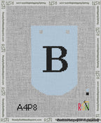 A taped needlepoint canvas with the design: Banner 13 mesh count Curved B Black on Light Blue.