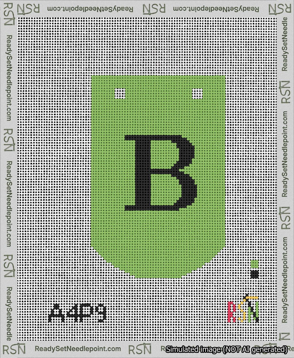 A taped needlepoint canvas with the design: Banner 13 mesh count Curved B Black on Light Green.