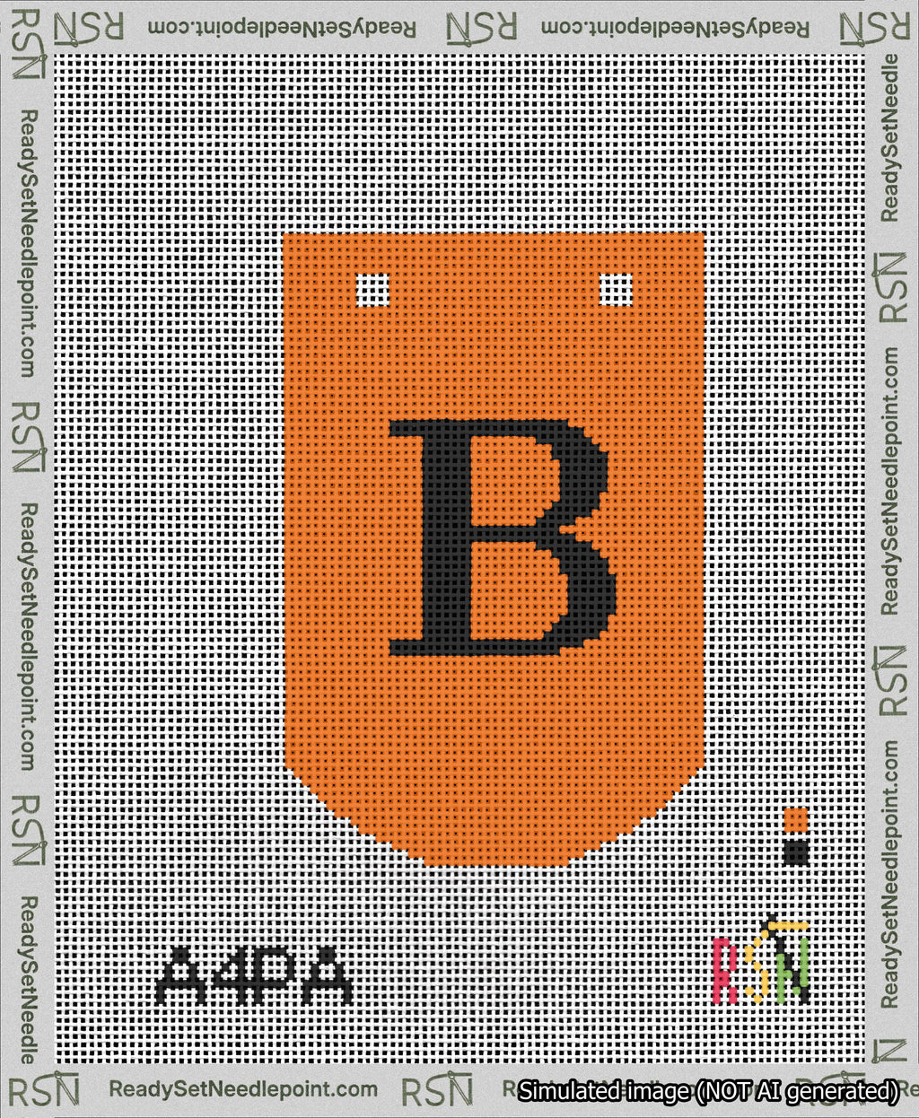 A taped needlepoint canvas with the design: Banner 13 mesh count Curved B Black on Orange.