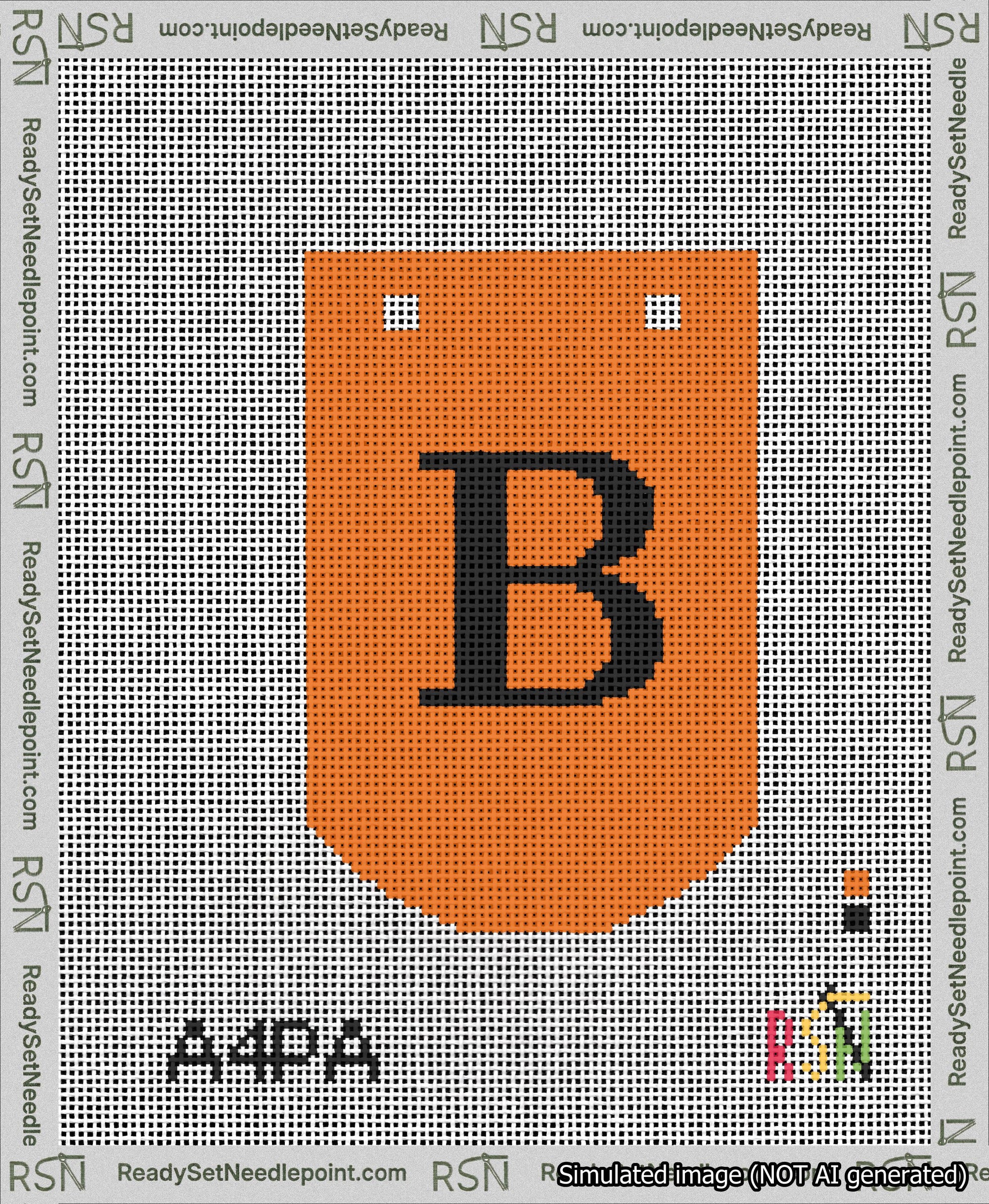 A taped needlepoint canvas with the design: Banner 13 mesh count Curved B Black on Orange.