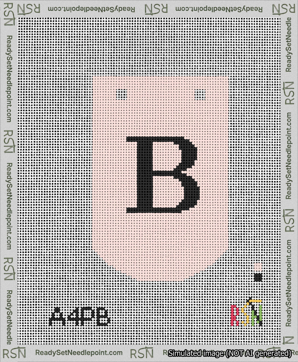 A taped needlepoint canvas with the design: Banner 13 mesh count Curved B Black on Pink.