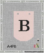 A taped needlepoint canvas with the design: Banner 13 mesh count Curved B Black on Pink.