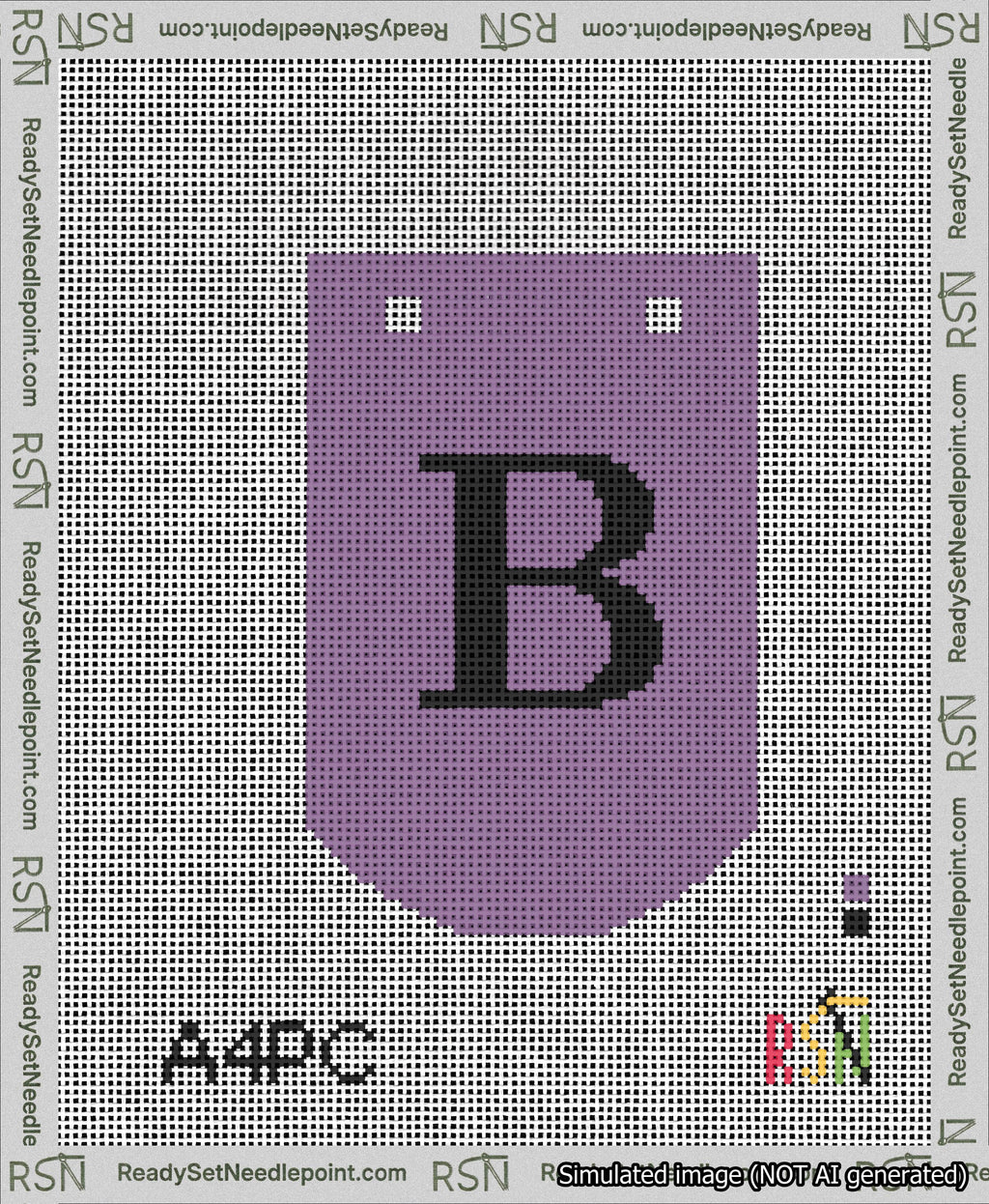 A taped needlepoint canvas with the design: Banner 13 mesh count Curved B Black on Purple.