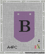 A taped needlepoint canvas with the design: Banner 13 mesh count Curved B Black on Purple.