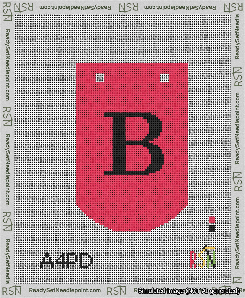 A taped needlepoint canvas with the design: Banner 13 mesh count Curved B Black on Red.