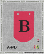 A taped needlepoint canvas with the design: Banner 13 mesh count Curved B Black on Red.