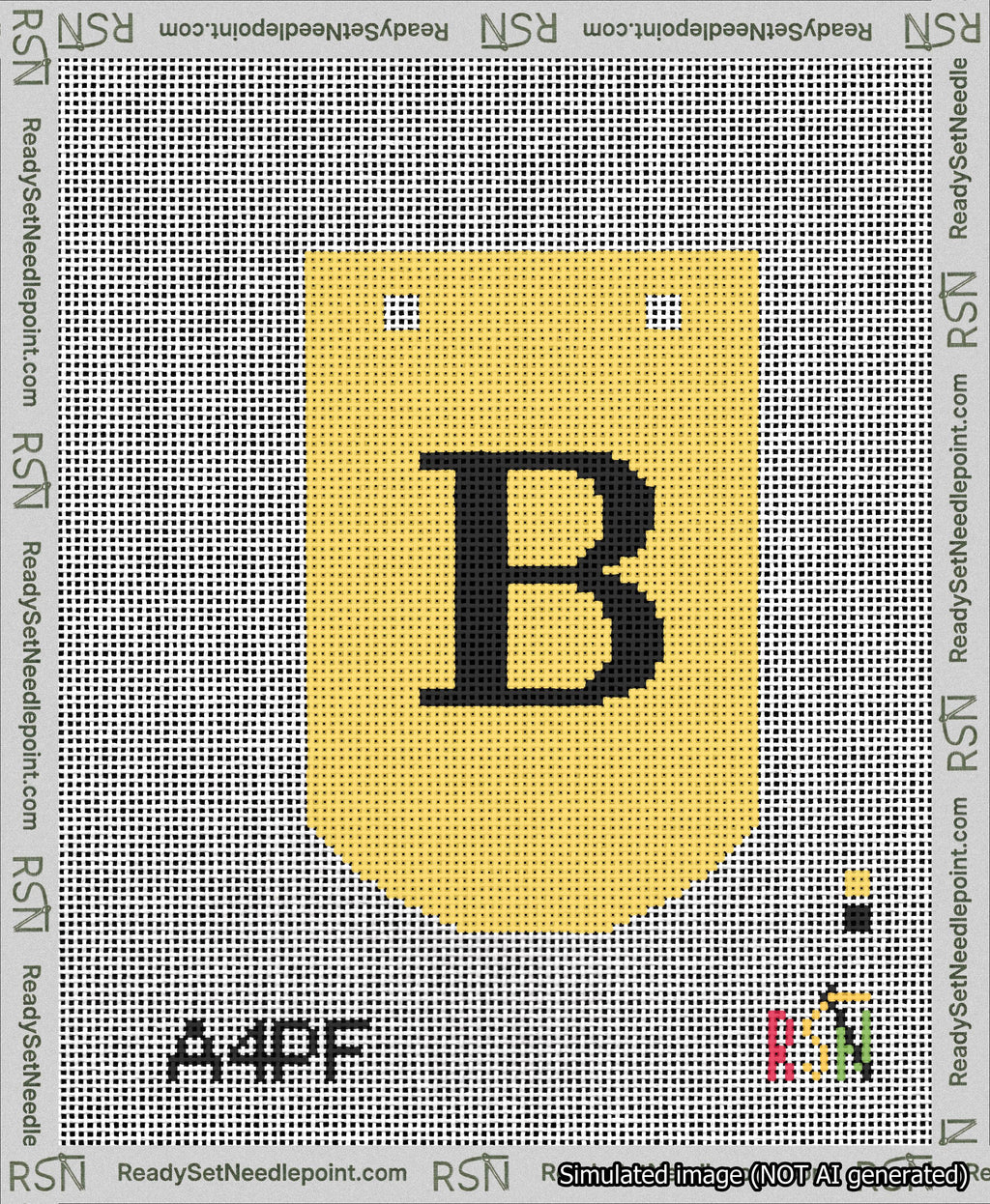 A taped needlepoint canvas with the design: Banner 13 mesh count Curved B Black on Yellow.