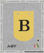 A taped needlepoint canvas with the design: Banner 13 mesh count Curved B Black on Yellow.
