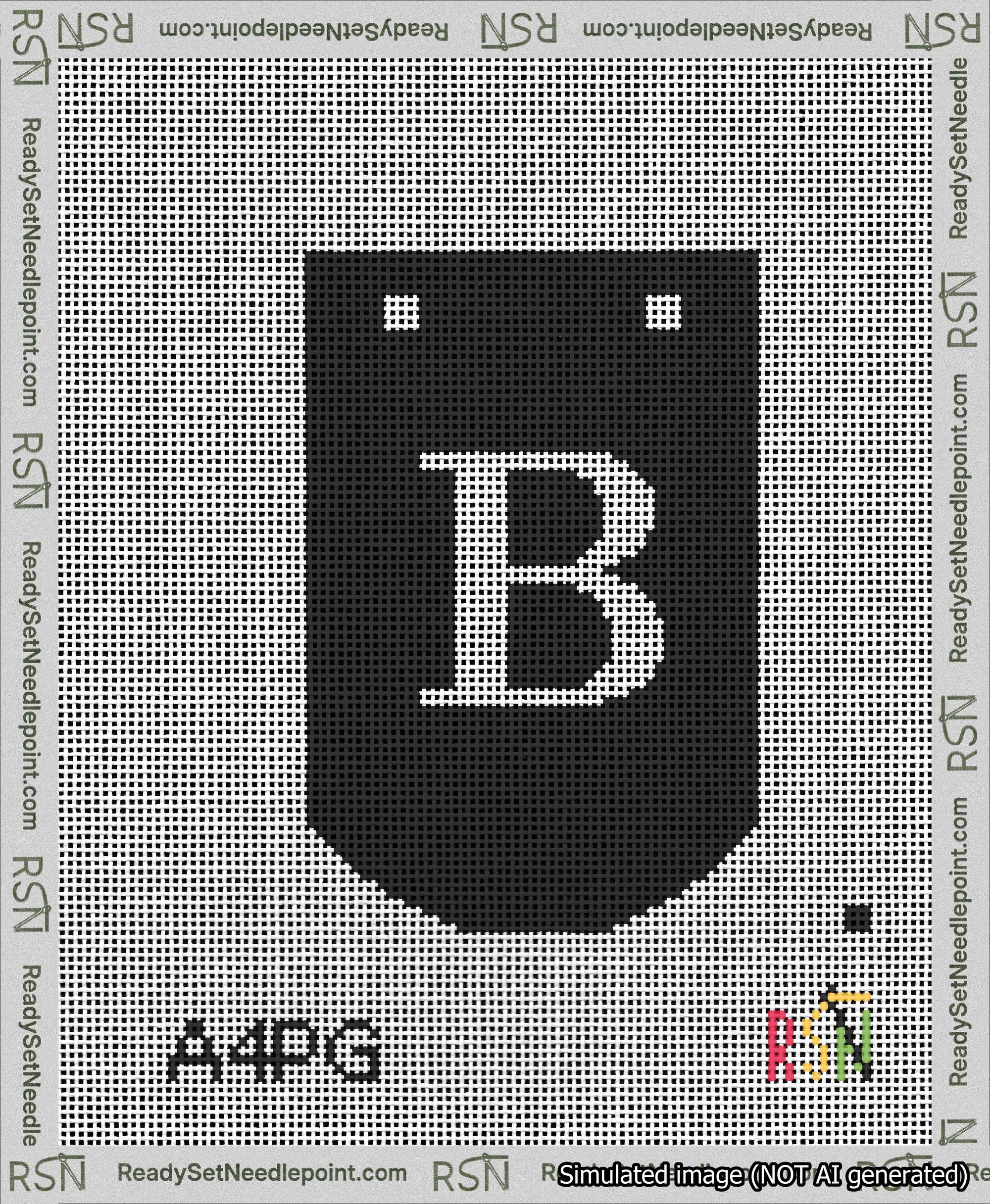 A taped needlepoint canvas with the design: Banner 13 mesh count Curved B White on Black.