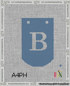 A taped needlepoint canvas with the design: Banner 13 mesh count Curved B White on Blue.