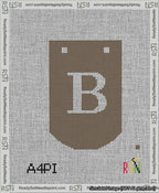 A taped needlepoint canvas with the design: Banner 13 mesh count Curved B White on Brown.