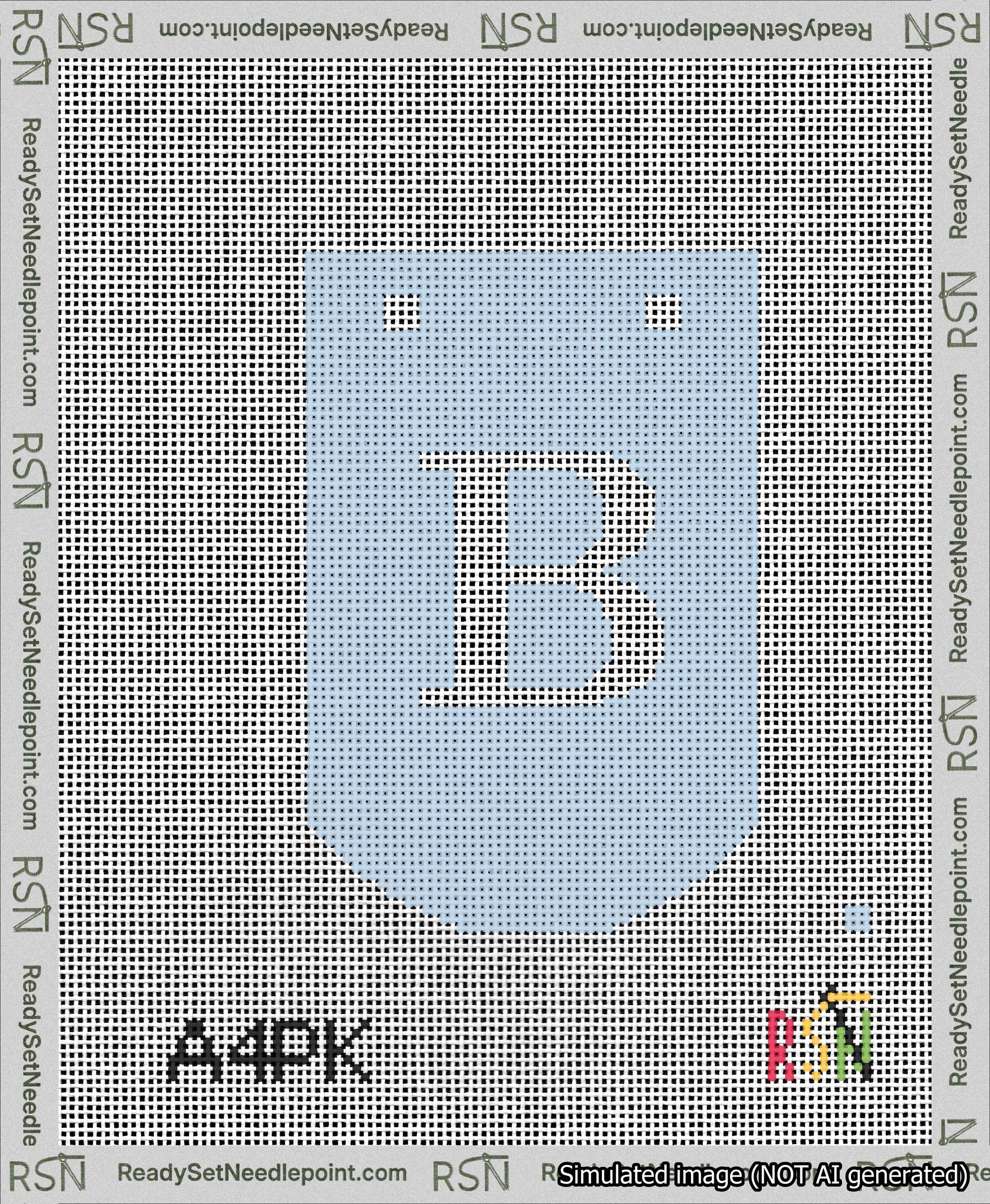 A taped needlepoint canvas with the design: Banner 13 mesh count Curved B White on Light Blue.